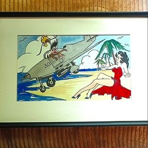 Vintage Bombshell Print 1950's Pinup Woman, Man About To Crash Airplane Military